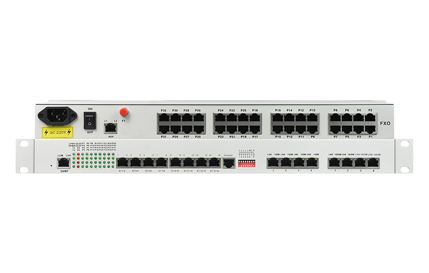 飛暢科技-32路電話+16E1+4FE+4GE+2路數(shù)據(jù)+SNMP+console（19英寸，物理隔離）電話光端機